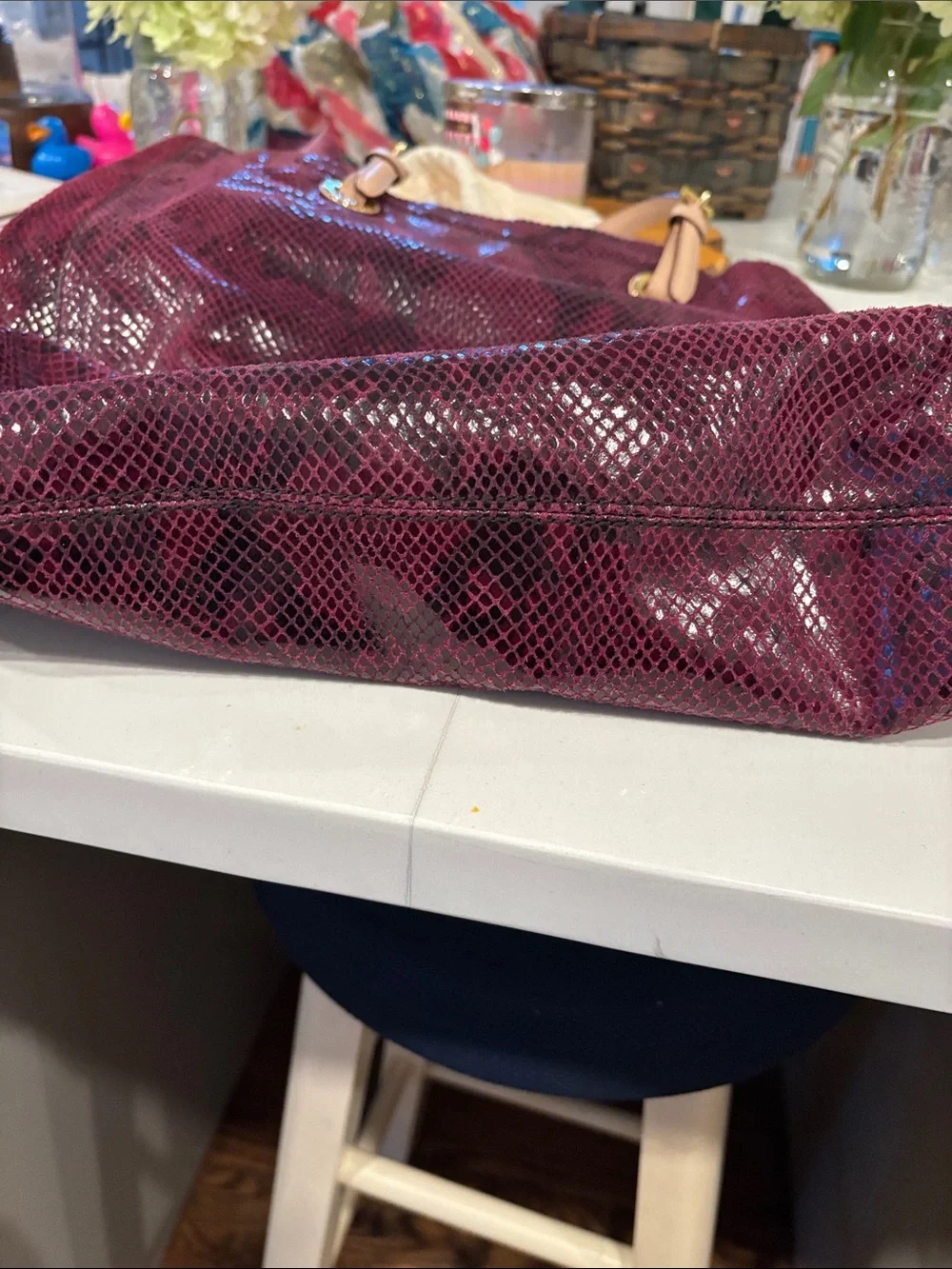 Michael Kors Wine Snake-Print Tote with Tan Straps